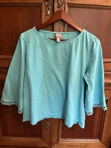 Chicos size 2 = M/L tunic top 3/4 Laced sleeve turquoise blue boat Neck - Picture 1 of 3
