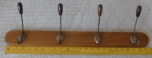 MCM Brass Wood Base Wall Mount Coat Hook Hat Rack 24" 4 Hook - Picture 1 of 16