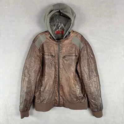 Chaqueta de motocicleta Guess para hombre XL marrón imitación cuero capucha desmontable cremallera completa Foto 1 de 4