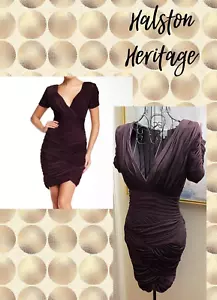 HALSTON HERITAGE RUCHED SILKY KNIT BODYCON DRESS~AUBERGINE BROWN~SMALL - Picture 1 of 7