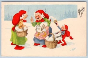 Postal de damas Glaedelig Julio 1952 Feliz Navidad artista firmado elfo ganso - Imagen 1 de 2