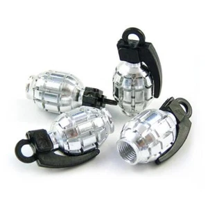 4x Grenade Shape Car Tire Valve Stem Cap Covers Air Metal Aluminum Silver Chrome - Picture 1 of 7