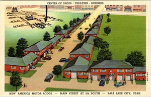 SALT LAKE CITY, UTAH - NEW AMERICA MOTOR LODGE - BIRDSEYE VIEW - LINEN POSTCARD - Picture 1 of 2