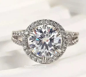 14K White Gold 3 CT Round Cut Moissanite Split Shank Halo Wedding Ring For Women - Picture 1 of 5