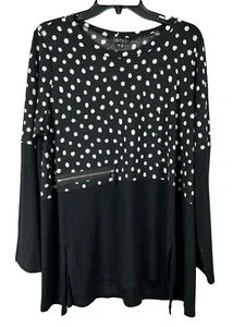 Comfy USA Tunic Top Large Black White Dot Print Relaxed 3/4 sleeve knit Zipper - Picture 1 of 7