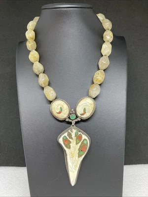 Collar de ágata de diseño con cuentas de asta tibetana de colección-coral-turquesa, colgante Foto 1 de 4
