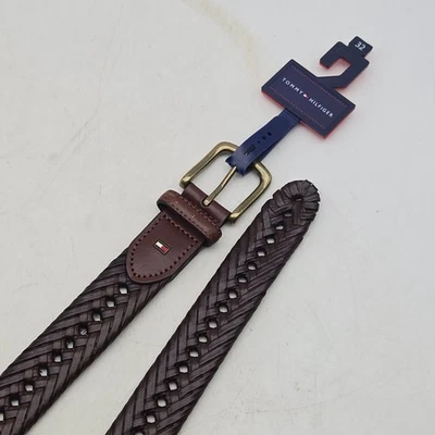 Tommy Hilfiger Braided Belt Brown Leather Mens 32 Brass Buckle New - Image 1 of 4