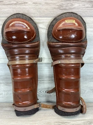 Espinilleras Catchers J E Pender Boston línea azul lona de cuero vintage años 20 Foto 1 de 4