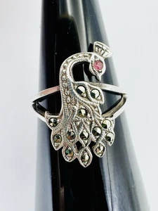 Sterling Silver Ruby Eye & Marcasite PEACOCK Ring- Size 7- Grams 3.1 - Picture 1 of 11