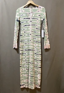 NUEVO CON ETIQUETAS YFB Mujeres Vestido Leo Tejido Acanalado Manga Larga Dividido Cuello Redondo Talla S Verde Tie Dye - Imagen 1 de 15