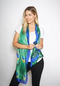 100% Silk Scarf in Rich Vivid Colours with Peacock Design - Picture 1 of 4