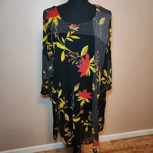 Alfani Black Blouse with White Stripes and Red/Yellow Flowers - Womens XXL - Picture 1 of 9