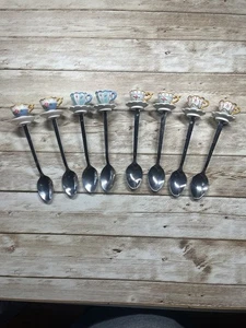 Vintage Collector Spoon, Tea Cup On Top Set Of 8 (2 Of Each Design). YY - Picture 1 of 3