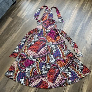 Maeve Anthropologie Halter Jersey Maxi Dress Lined Rayon Blend Bold Print M - Picture 1 of 18