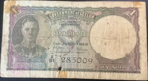 Ceilán 1 de junio de 1948 1 rupia P.34 fecha rara KGVI - Imagen 1 de 2