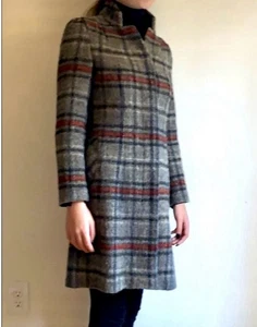 Zara Outerwear Women’s Plaid Wool Blend Pea Coat Long Jacket Hidden Buttons Sz M - Picture 1 of 11
