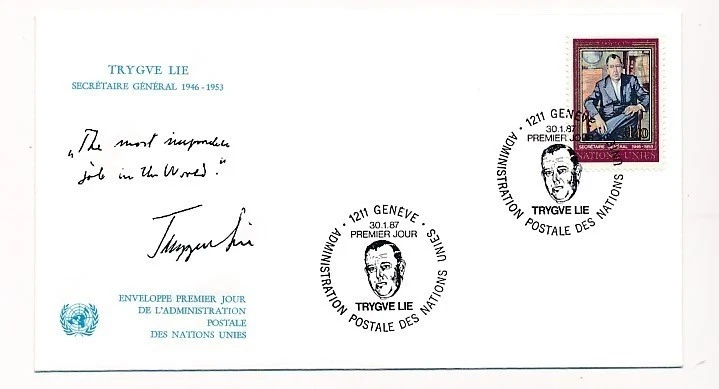 D90080 Famous People Trygve Lie FDC Oficina de Ginebra de las Naciones Unidas Foto 1 de 1