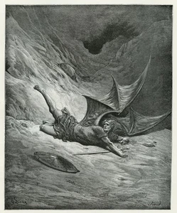 Satan Wounded, Gustave Dore illustration, 1892 wood engraving vintage art print - Picture 1 of 4