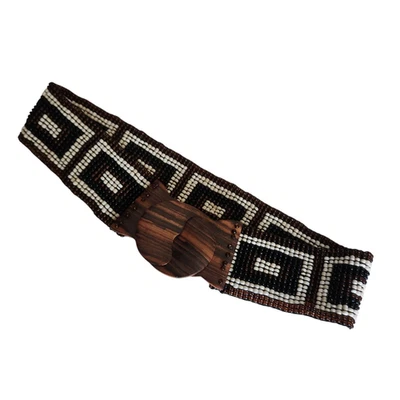 Boho Southwestern Beaded Stretch Belt Black Brown Wooden Interlocking Buckle - Image 1 of 4