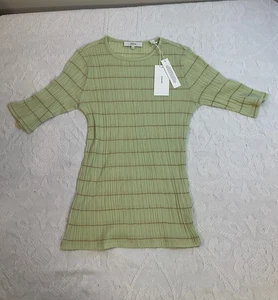 NWT Women's XS Vince Top Green Cotton Variegated Stripe Crew Neck Elbow Sleeve - Foto 1 di 10