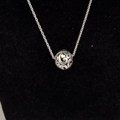 925 Sterling Silver Filigree Ball Pendant Necklace  Scrollwork 16 Inch Chain - Image 1 of 4