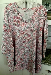 Woman Within 4X 34/36 Plus Top V Neck 3/4 Sleeve Floral White Multi Cotton NEW - Picture 1 of 15