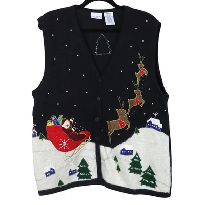 复古 Y2K 圣诞背心纽扣刺绣圣诞老人驯鹿雪橇 18W/20W — 第 1/4 张图片