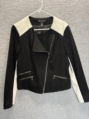 Chaqueta de Moto Asimétrica INC Bloque de Color Blanco y Negro, Bolsillos con Cremallera L Foto 1 de 4
