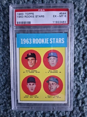 1963 Topps Baseball RC Stars #544 PSA 6, polvo, Carmel, Haas, Phillips, número alto Foto 1 de 2