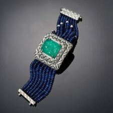 Carved Syn Emerald & Lab Sapphire Beaded Tennis Bracelet 925 SS Statement Jewel
