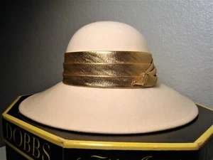 Wide Brim Ivory-White 100% Wool Felt Hat-Gold Fabric Band & Dobbs Fifth Ave Hat - Picture 1 of 7