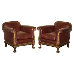 ANTIQUE VICTORIAN PAIR OF CLAW & BALL FEET BROWN LEATHER WALNUT CLUB ARMCHAIRS