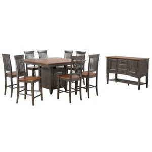 Dakota 10PC Extendable 42-54-in Pub Dining Table Set w Buffet Brown Gray Wood - Picture 1 of 14