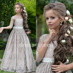 Grey Lace A-Line Flower Girl Dresses 3/4 Sleeves Long Toddler Teens Formal Dress - Picture 1 of 7