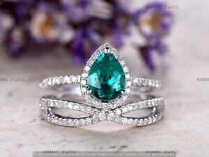 2.53 CT Pear Cut Lab Created Emerald Wedding Bridal Set Ring 925 Sterling Silver