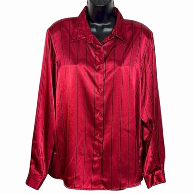 ВИНТАЖНАЯ ЧЕРНАЯ КРАСНАЯ АТЛАСНАЯ БЛУЗКА В ТОНКУЮ ПОЛОСКУ 80-е 90-е НАРЯДНАЯ ОТ YVES ST CLAIR РАЗМЕР 14 - Изображение 1 из 4