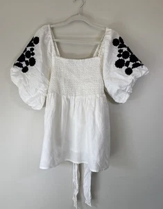 Mint Velvet Top Size XL White Puff Sleeve Shirred Linen Cotton Summer Boho - Picture 1 of 11