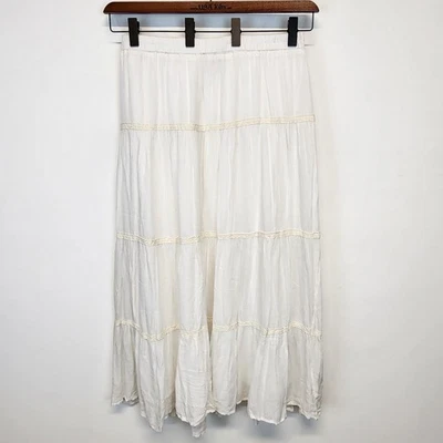 Falda Merona Maxi Escoba Talla L Blanca Forrada en Niveles Fluida Cabaña Boho Gitana Foto 1 de 4