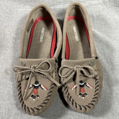 Mocasines Minnetonka de gamuza de cuero marrón con cuentas W 9,5 Thunderbird Animikii Foto 1 de 4