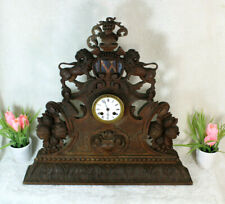 Antique 19th Black forest wood carved knight lions mantel clock rare 