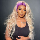 Long Wavy T Lace Front Wig Purple Roots Ombre Blonde Synthetic Wigs Party Soft
