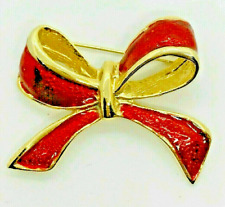 Vintage Gold Tone Enamel Christmas Red Ribbon Bow Brooch Pin