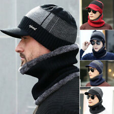 Mens Winter Fleece Lined Knitted Beanie Cap & Scarf Outdoor Warm Ski Cap Hats