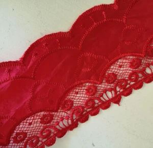 5 yards 4" wide Satin Red Lace with Embroidered Rayon Venise Red Flower b0210 - Picture 1 of 2
