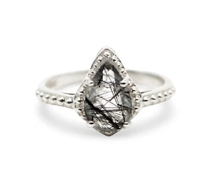 Stunning Black Rutile Pear Cut Engagement Ring 925 Sterling Silver Promise Ring - Picture 1 of 10