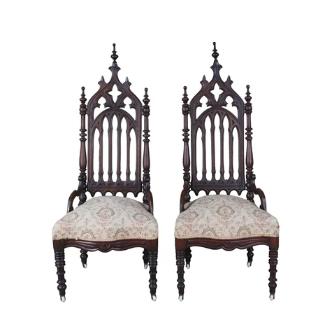 2 Antique Renaissance Gothic Revival Carved Mahogany Throne Dining Chairs Cover