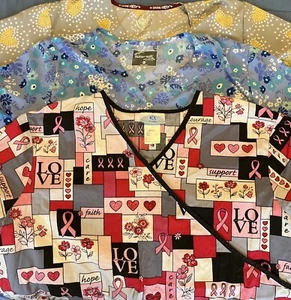 Lot Of 3 XL Scrub Tops Grey Hearts Blue Flowers Breast Cancer Butter-soft - Picture 1 of 8