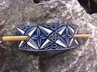 Geometric blue hand carved leather hair barrette