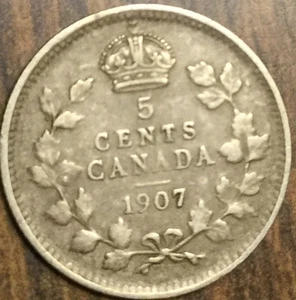 1907 CANADA SILVER 5 CENTS COIN - Picture 1 of 2