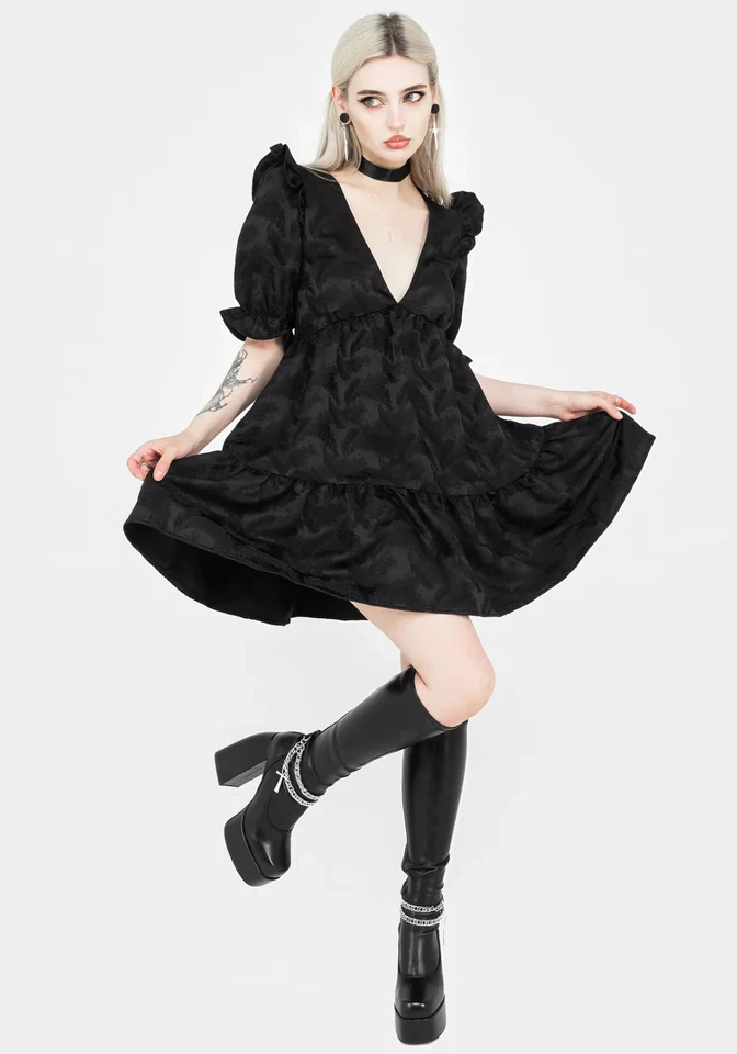 Disturbia Sz 12 Violenta Smock Dress Babydoll Goth Alt Black Grunge Side Zip - image 1 of 4